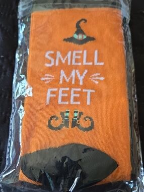 Women's Orange 'Smell My Feet' Novelty Crew Socks with Black Accents